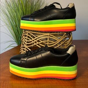 Very Volatile Black Platform Sneakers Rainbow Soles Leather Upper Pointy